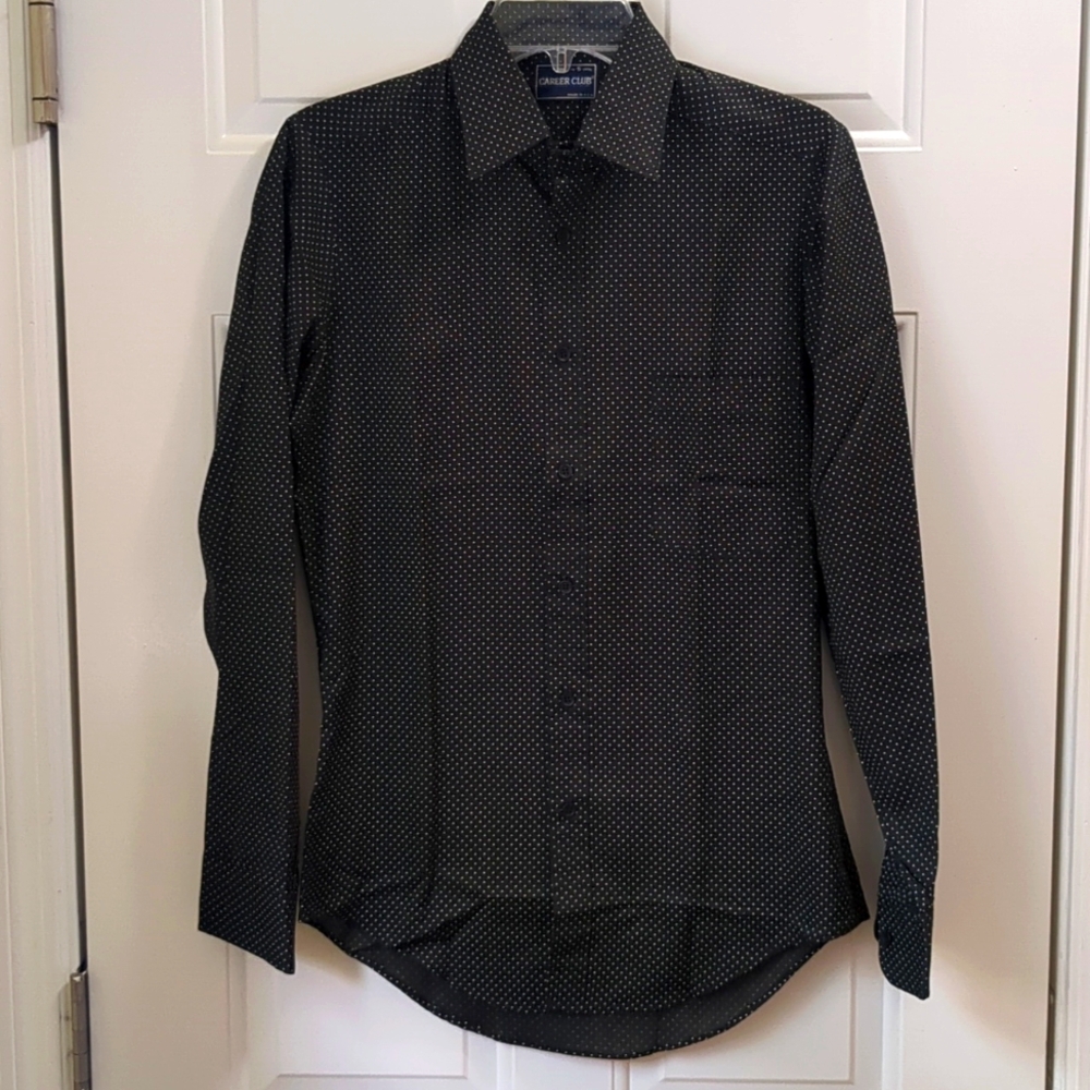 Vintage Career Club men's small black with white polka dots long sleeve shirt